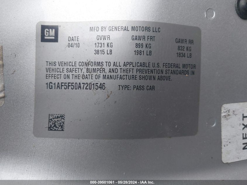 2010 Chevrolet Cobalt Lt VIN: 1G1AF5F50A7201546 Lot: 39501061