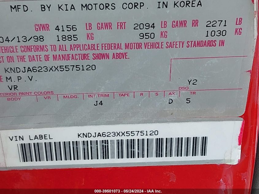 1999 Kia Sportage VIN: KNDJA623XX5575120 Lot: 39501073
