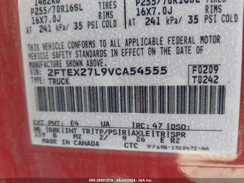 1997 Ford F-250 Lariat/Standard/Xl/Xlt VIN: 2FTEX27L9VCA54555 Lot: 39501078