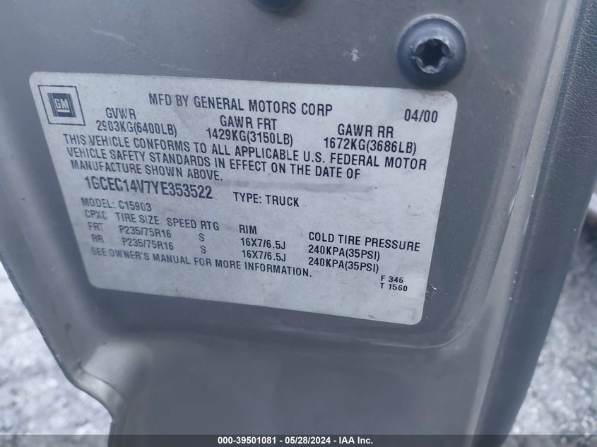 2000 Chevrolet Silverado 1500 Ls VIN: 1GCEC14V7YE353522 Lot: 39501081