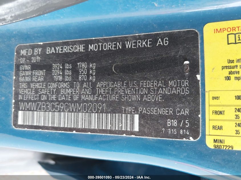 2012 Mini Cooper Countryman VIN: WMWZB3C59CWM02091 Lot: 39501093