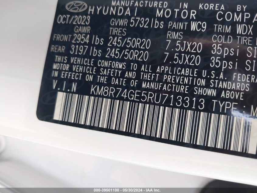 2024 Hyundai Palisade Calligraphy VIN: KM8R74GE5RU713313 Lot: 39501100