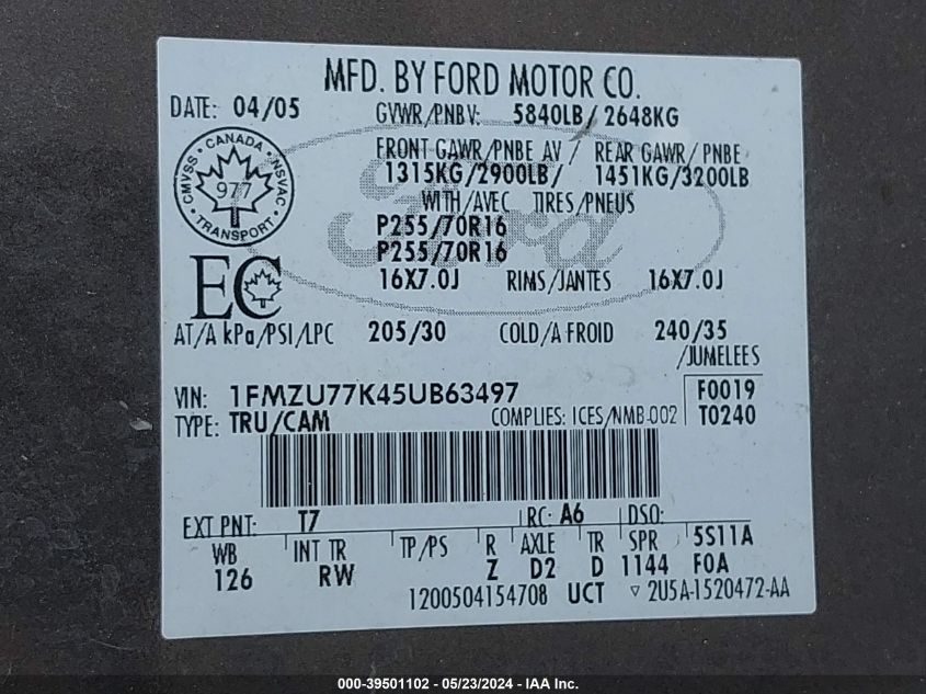 2005 Ford Explorer Sport Trac Adrenalin/Xls/Xlt VIN: 1FMZU77K45UB63497 Lot: 39501102