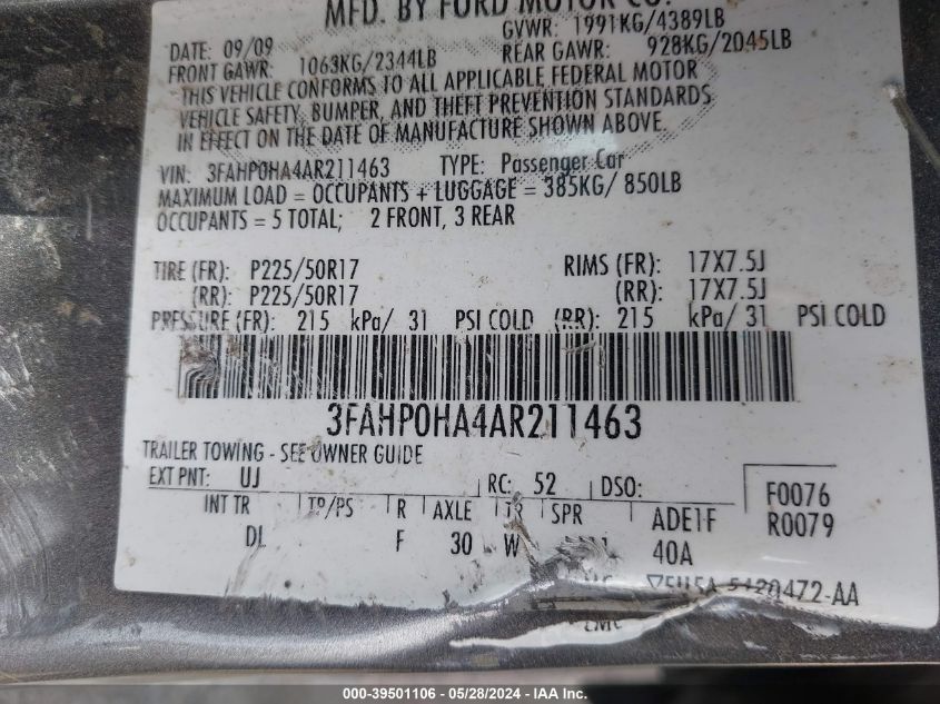 2010 Ford Fusion Se VIN: 3FAHP0HA4AR211463 Lot: 39501106