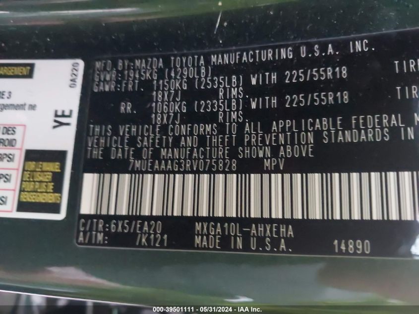 2024 Toyota Corolla Cross Xle VIN: 7MUEAAAG3RV075828 Lot: 39501111