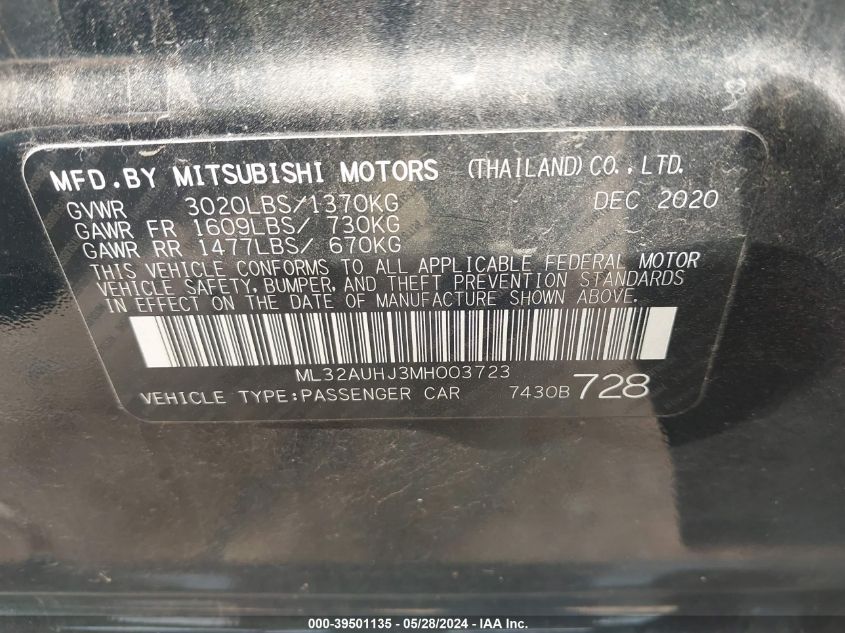 2021 Mitsubishi Mirage Es/Le/Carbonite Edition VIN: ML32AUHJ3MH003723 Lot: 39501135