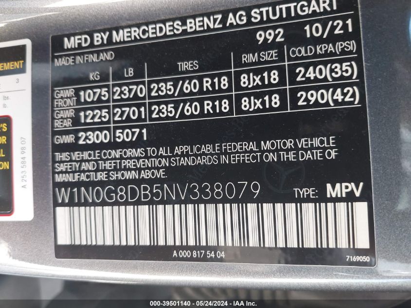 2022 Mercedes-Benz Glc 300 VIN: W1N0G8DB5NV338079 Lot: 39501140