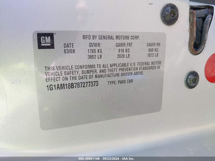 2008 Chevrolet Cobalt Sport VIN: 1G1AM18B787277373 Lot: 39501146