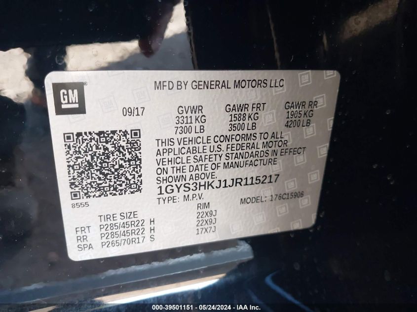 2018 Cadillac Escalade Esv Luxury VIN: 1GYS3HKJ1JR115217 Lot: 39501151