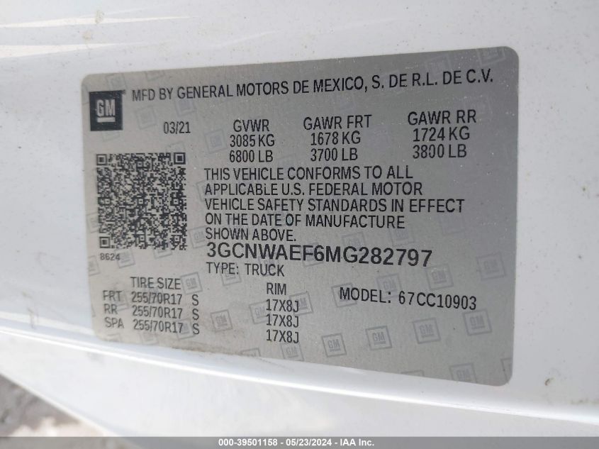 2021 Chevrolet Silverado 1500 2Wd Regular Cab Long Bed Wt VIN: 3GCNWAEF6MG282797 Lot: 39501158