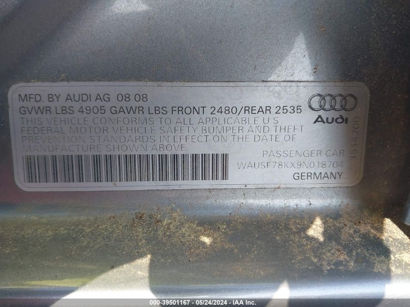 2009 Audi A4 2.0T Premium VIN: WAUSF78KX9N018704 Lot: 39501167
