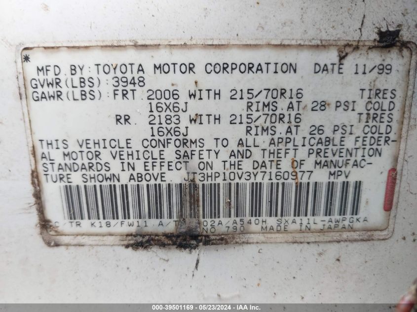 JT3HP10V3Y7160977 | 2000 TOYOTA RAV4