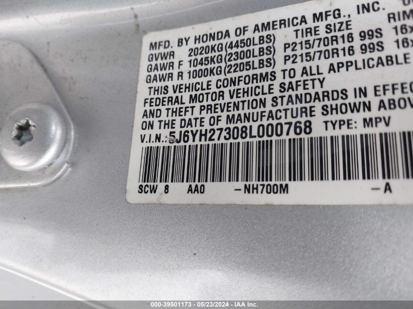 2008 Honda Element Lx VIN: 5J6YH27308L000768 Lot: 39501173