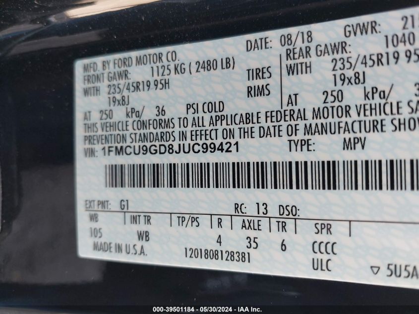 2018 Ford Escape Se VIN: 1FMCU9GD8JUC99421 Lot: 39501184