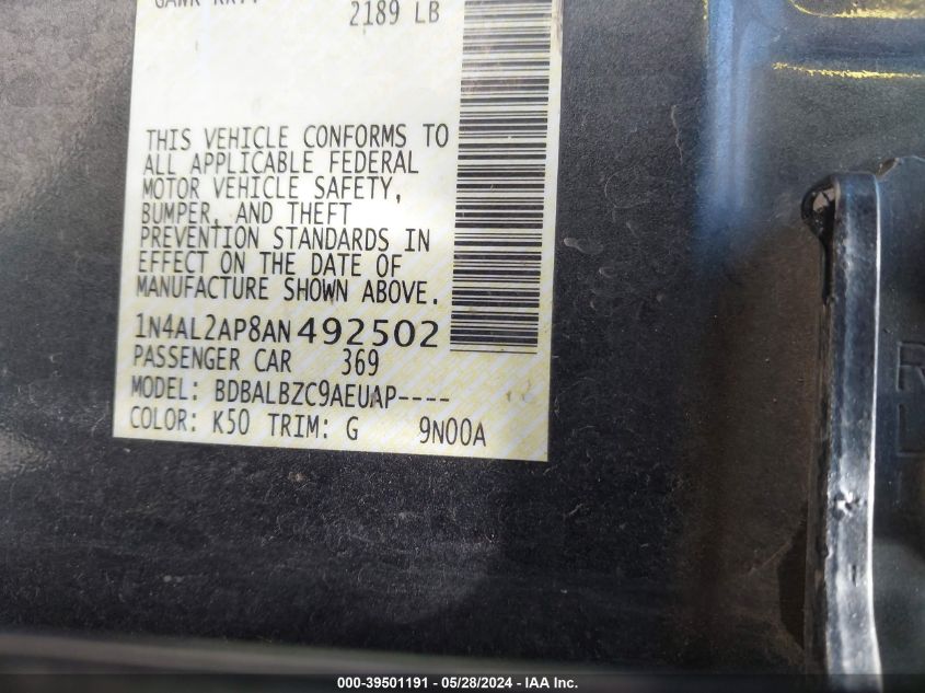 2010 Nissan Altima 2.5 S VIN: 1N4AL2AP8AN492502 Lot: 39501191