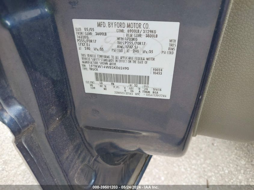 2005 Ford F-150 Xlt VIN: 1FTRW14W85KE62490 Lot: 39501203