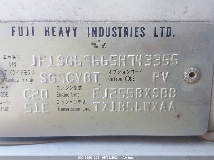 2005 Subaru Forester 2.5Xt VIN: JF1SG69665H743355 Lot: 39501204