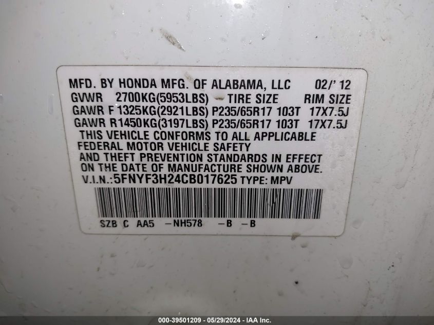 2012 Honda Pilot Lx VIN: 5FNYF3H24CB017625 Lot: 39501209