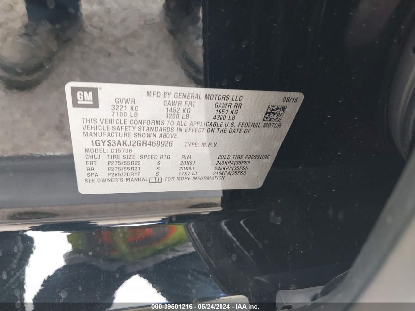 2016 Cadillac Escalade Standard VIN: 1GYS3AKJ2GR469926 Lot: 39501216