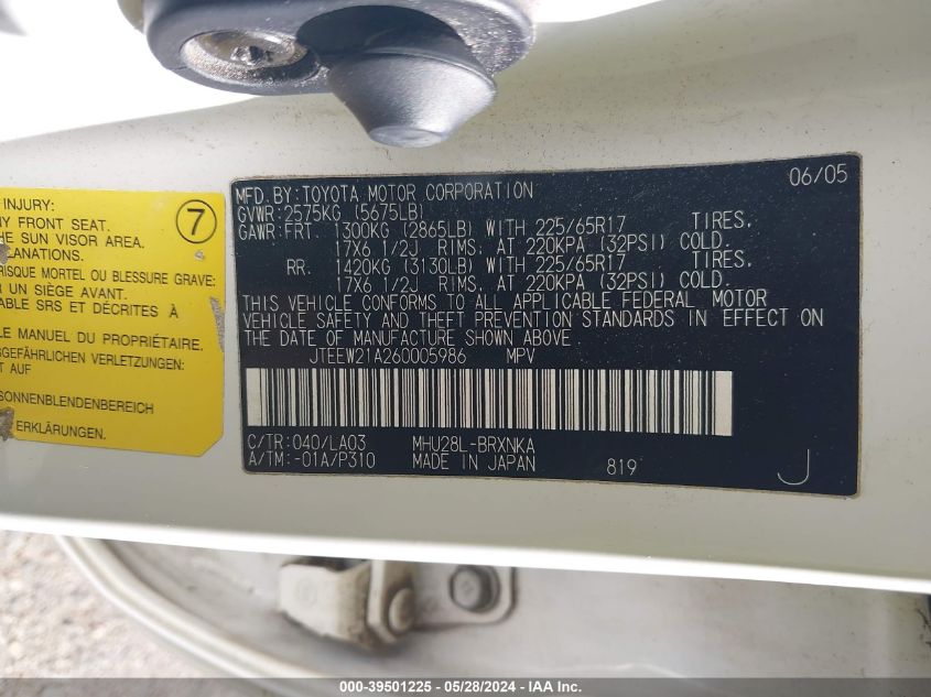 2006 Toyota Highlander Hybrid Limited V6 VIN: JTEEW21A260005986 Lot: 39501225