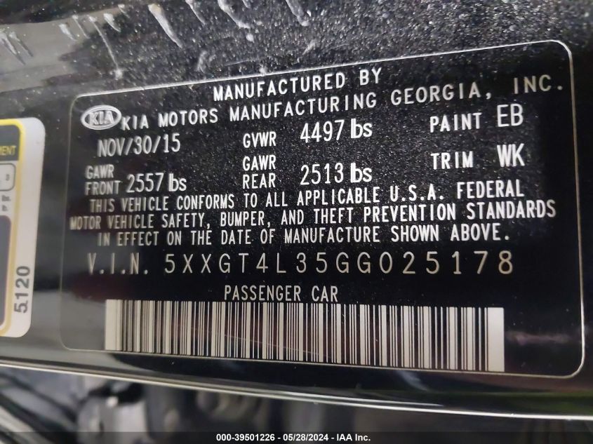 2016 Kia Optima Lx VIN: 5XXGT4L35GG025178 Lot: 39501226