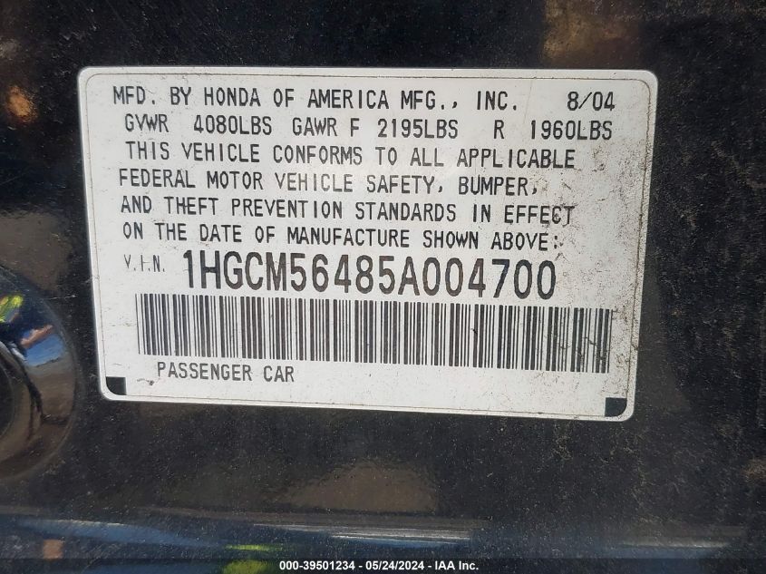 1HGCM56485A004700 | 2005 HONDA ACCORD