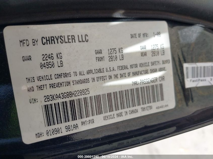 2008 Dodge Charger VIN: 2B3KA43G88H228925 Lot: 39501240