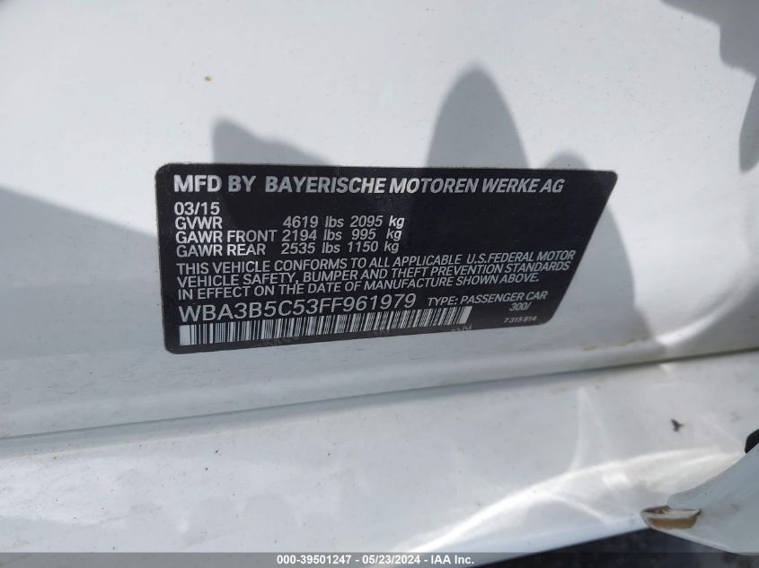 2015 BMW 328I xDrive VIN: WBA3B5C53FF961979 Lot: 39501247