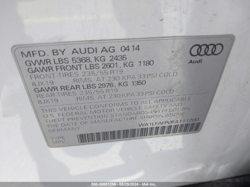 2014 Audi Q5 2.0T Premium VIN: WA1LFAFP0EA111200 Lot: 39501255