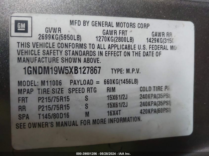 1999 Chevrolet Astro VIN: 1GNDM19W5XB127867 Lot: 39501256