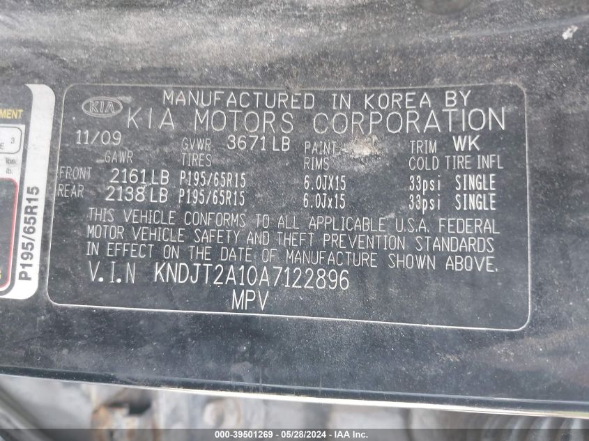 2010 Kia Soul VIN: KNDJT2A10A7122896 Lot: 39501269