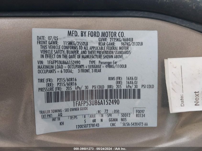 2006 Ford Taurus Se VIN: 1FAFP53U86A152490 Lot: 39501273