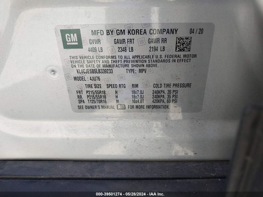 2020 Buick Encore Awd Preferred VIN: KL4CJESB5LB339233 Lot: 39501274