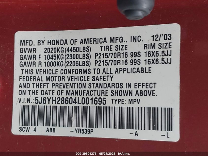 2004 Honda Element Ex VIN: 5J6YH28604L001695 Lot: 39501276