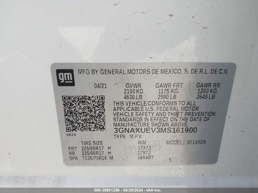 2021 Chevrolet Equinox Awd Lt VIN: 3GNAXUEV3MS161900 Lot: 39501286