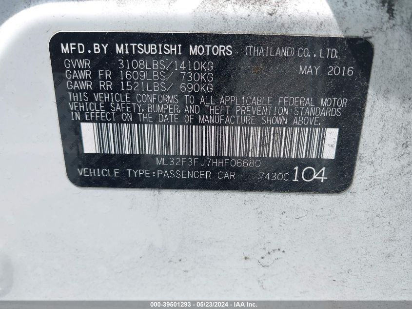 2017 Mitsubishi Mirage G4 Es VIN: ML32F3FJ7HHF06680 Lot: 39501293