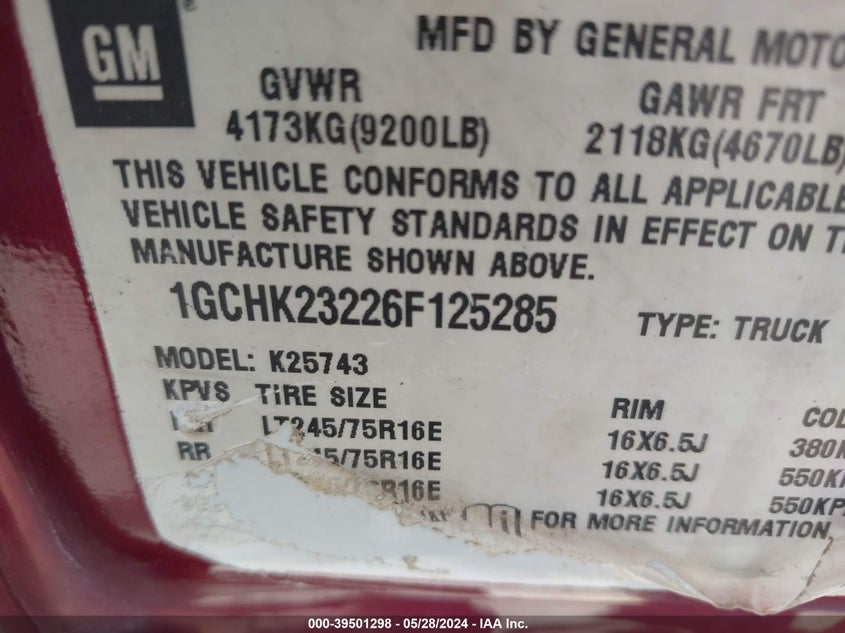2006 Chevrolet Silverado 2500Hd Lt1 VIN: 1GCHK23226F125285 Lot: 39501298