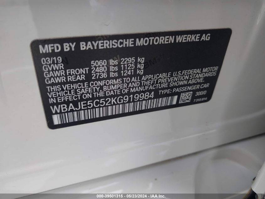 2019 BMW 540I VIN: WBAJE5C52KG919984 Lot: 39501315