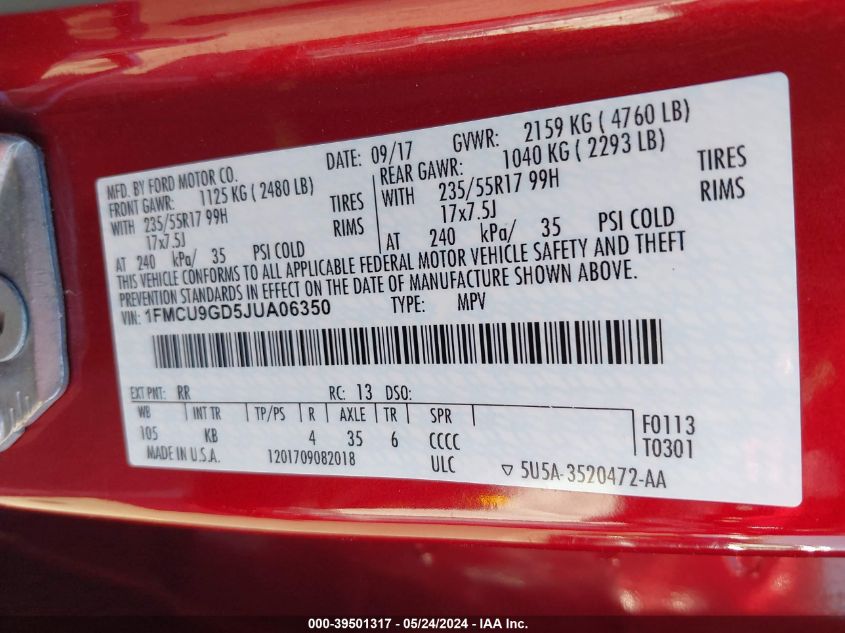 2018 Ford Escape Se VIN: 1FMCU9GD5JUA06350 Lot: 39501317