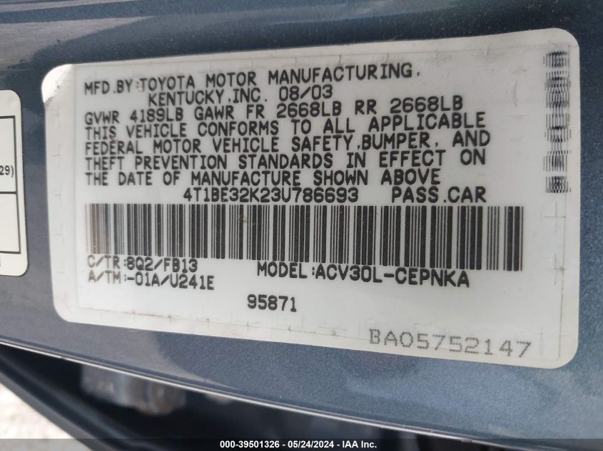 2003 Toyota Camry Le VIN: 4T1BE32K23U786693 Lot: 39501326