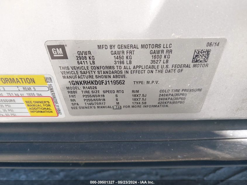 2015 Chevrolet Traverse 2Lt VIN: 1GNKRHKD0FJ119562 Lot: 39501327