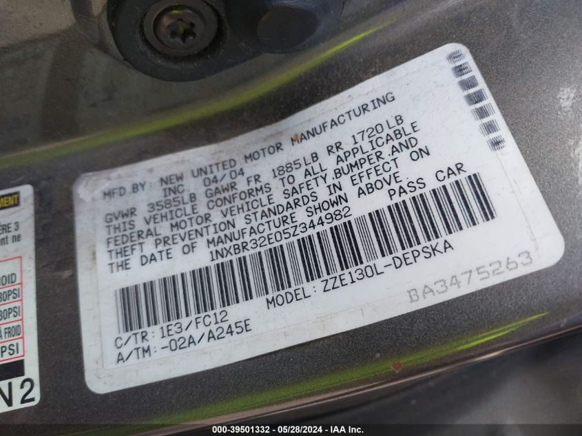 2005 Toyota Corolla S VIN: 1NXBR32E05Z344982 Lot: 39501332