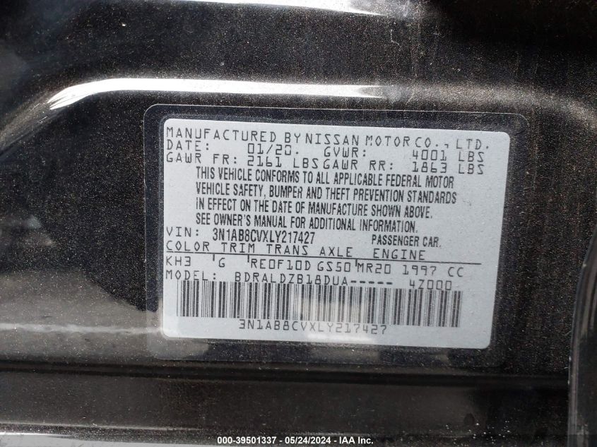 2020 Nissan Sentra Sv Xtronic Cvt VIN: 3N1AB8CVXLY217427 Lot: 39501337