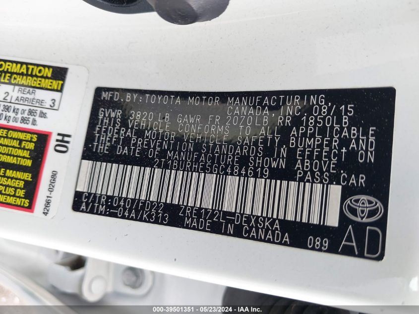 2016 Toyota Corolla S W/Special Edition Pkg VIN: 2T1BURHE5GC484619 Lot: 39501351