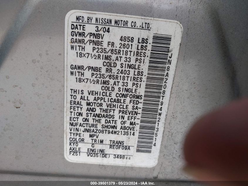 2004 Nissan Murano Sl VIN: JN8AZ08T94W213514 Lot: 39501379