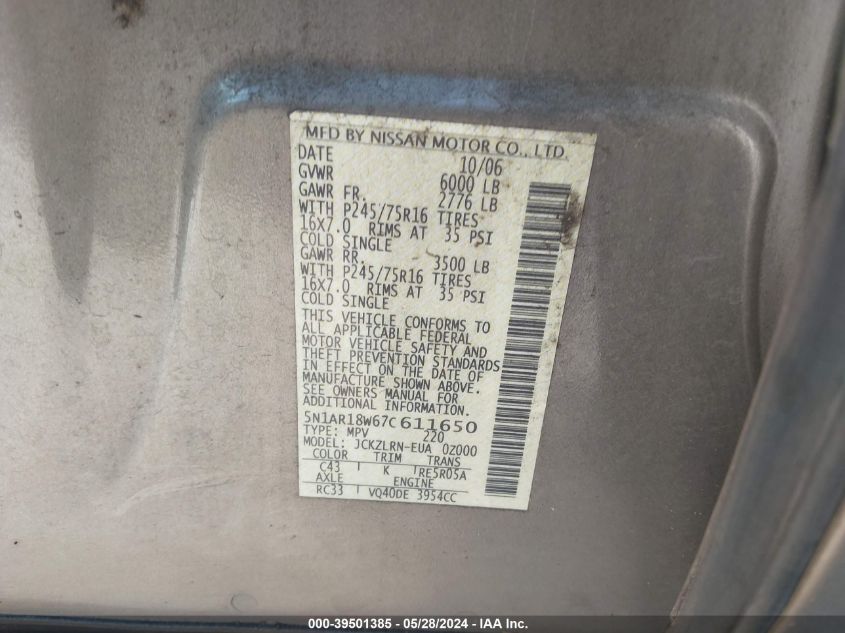 2007 Nissan Pathfinder Le/Se/Xe VIN: 5N1AR18W67C611650 Lot: 39501385