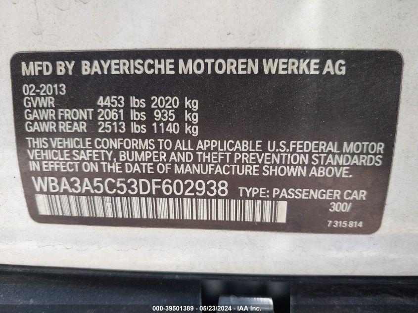 2013 BMW 328I VIN: WBA3A5C53DF602938 Lot: 39501389