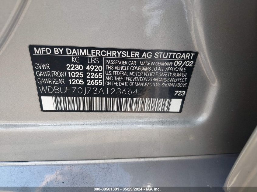 2003 Mercedes-Benz E 500 VIN: WDBUF70J73A123664 Lot: 39501391