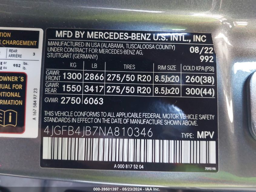 2022 MERCEDES-BENZ GLE 350 VIN: 4JGFB4JB7NA810346