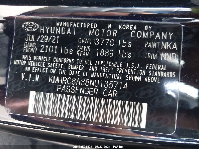 2022 Hyundai Venue Sel VIN: KMHRC8A38NU135714 Lot: 39501426